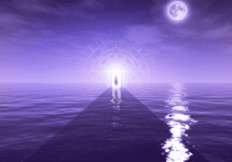 A scenery of a person going inside a bright light gate